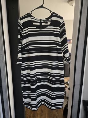 Anne Klein Black and White Striped Midi Dress
